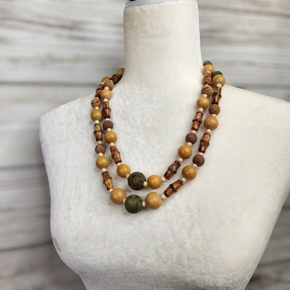Vintage Multi Strand Bohemian Wooden Beaded Necklace Retro - Picture 1 of 5